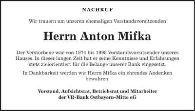 Traueranzeige Anton Mifka