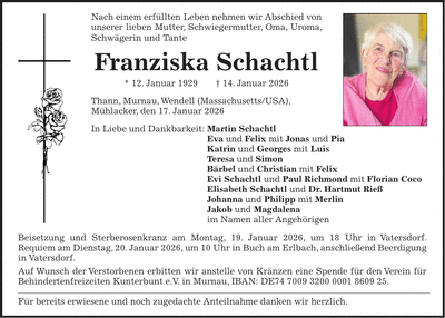 Traueranzeige Franziska Schachtl