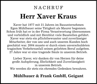 Traueranzeige Xaver Kraus