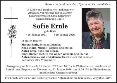Traueranzeige Sofie Ernle