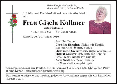 Traueranzeige Gisela Kollmer