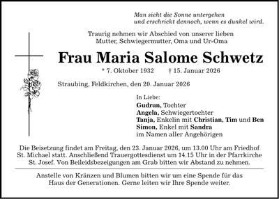 Traueranzeige Maria Salome Schwetz