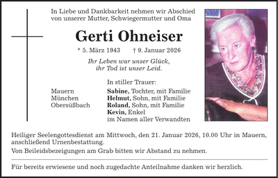 Traueranzeige Gerti Ohneiser
