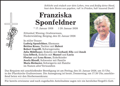 Traueranzeige Franziska Sponfeldner