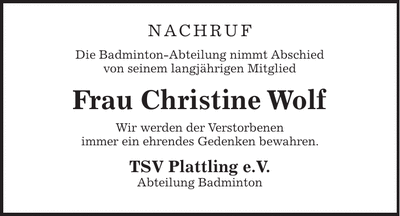 Traueranzeige Christine Wolf