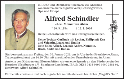 Traueranzeige Alfred Schindler