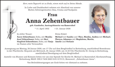 Traueranzeige Anna Zehentbauer