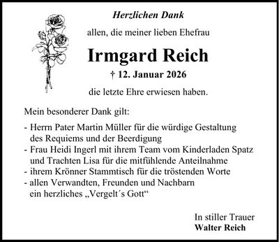 Traueranzeige Irmgard Reich