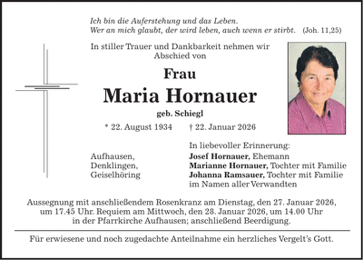 Traueranzeige Maria Hornauer