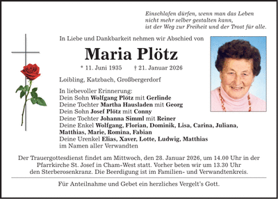 Traueranzeige Maria Plötz