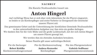 Traueranzeige Anton Hingerl