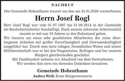 Traueranzeige Josef Rogl