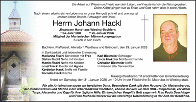 Traueranzeige Johann Hackl