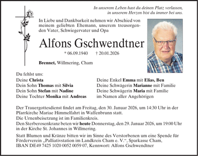 Traueranzeige Alfons Gschwendtner