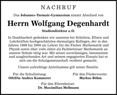 Traueranzeige Wolfgang Degenhardt