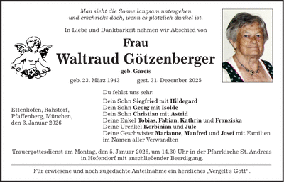 Traueranzeige Waltraud Götzenberger