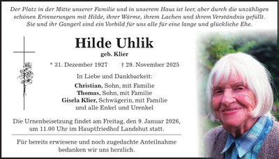 Traueranzeige Hilde Uhlik