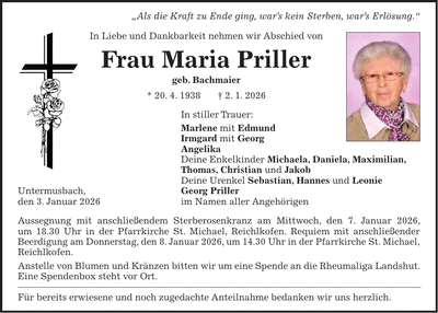 Traueranzeige Maria Priller