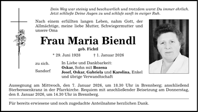 Traueranzeige Maria Biendl