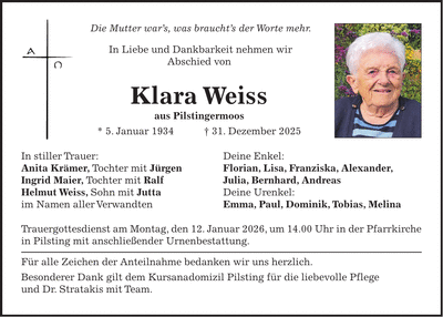 Traueranzeige Klara Weiss