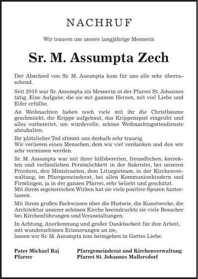 Traueranzeige Assumpta Zech