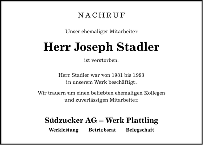 Traueranzeige Joseph Stadler