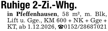 Ruhige 2-Zi.-Whg. in Pfeffenhausen, 58 m², m. Blk, Lift u. Gge., KM 600 + NK + Gge + KT, ab 1.12.2026, _0152/28687021
