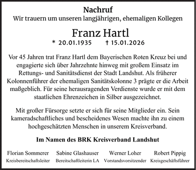 Traueranzeige Franz Hartl