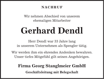 Traueranzeige Gerhard Dendl