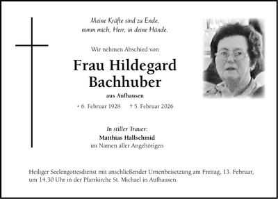 Traueranzeige Hildegard Bachhuber