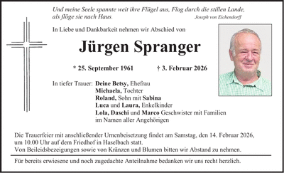 Traueranzeige Jürgen Spranger
