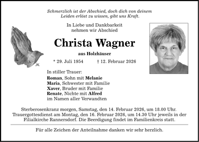 Traueranzeige Christa Wagner