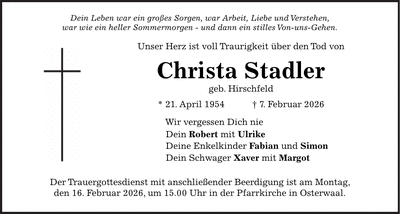Traueranzeige Christa Stadler