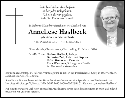 Traueranzeige Anneliese Haslbeck