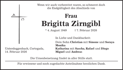 Traueranzeige Brigitta Zirngibl