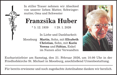 Traueranzeige Franziska Huber