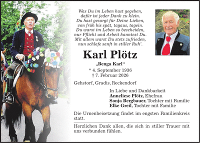 Traueranzeige Karl Plötz