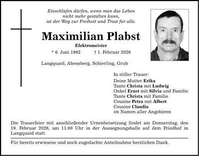 Traueranzeige Maximlian Plast