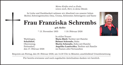 Traueranzeige Franziska Schrembs