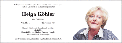 Traueranzeige Helga Köhler