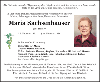 Traueranzeige Maria Sachsenhauser
