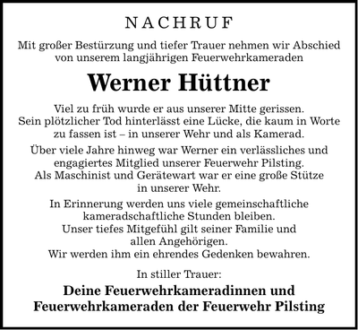 Traueranzeige Werner Hüttner
