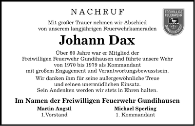 Traueranzeige Johann Dax