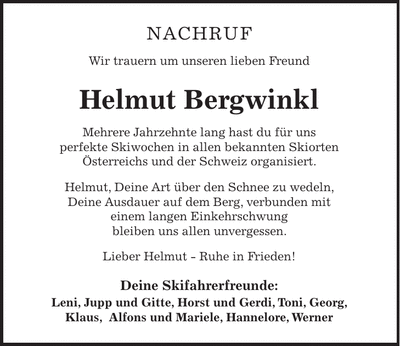 Traueranzeige Helmut Bergwinkl