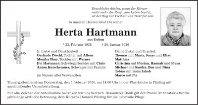 Traueranzeige Herta Hartmann