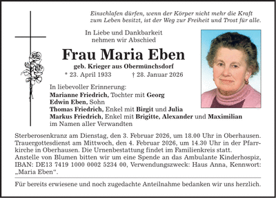 Traueranzeige Maria Eben