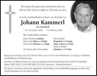 Traueranzeige Johann Kammerl