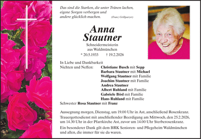 Traueranzeige Anna Stautner