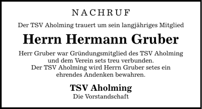 Traueranzeige Hermann Gruber