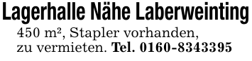 Lagerhalle Nähe Laberweinting450 m², Stapler vorhanden,zu vermieten. Tel. 0160-8343395